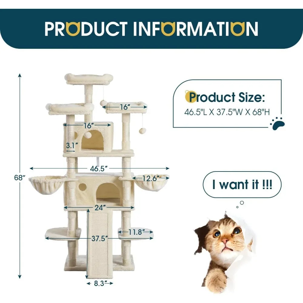 🏡 68” Multi-Level Cat Tree – Large Tower Condo with Cozy Perches & Scratching Posts! 🐾✨