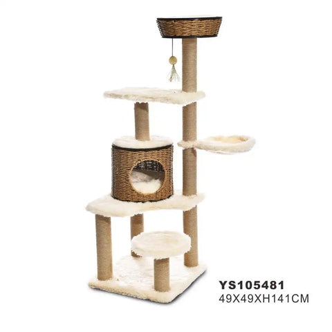 Modern tall cat tower scratching post apartment top perch vine wood cat tree