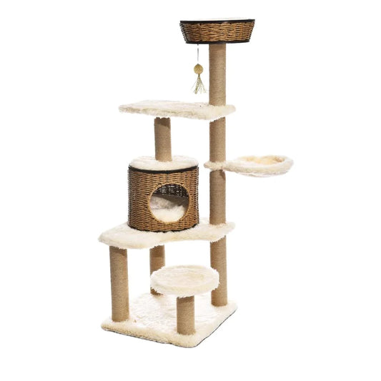 Modern tall cat tower scratching post apartment top perch vine wood cat tree